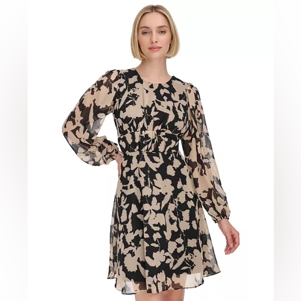 Calvin Klein Women's Printed Jewel-Neck Long-Sleeve Dress Size 6